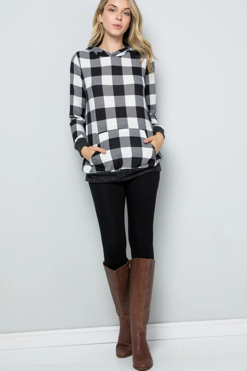 Full Size Contrast Plaid Long Sleeve Hoodie