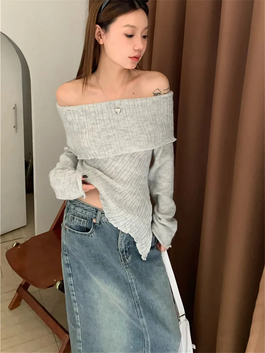 Girlary Elegant Women Sweaters Slim Slash Neck Knitted New Autumn Casual Daily Work Wear Party Full Sleeve Sexy Chic Solid