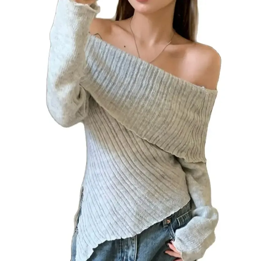 Girlary Elegant Women Sweaters Slim Slash Neck Knitted New Autumn Casual Daily Work Wear Party Full Sleeve Sexy Chic Solid