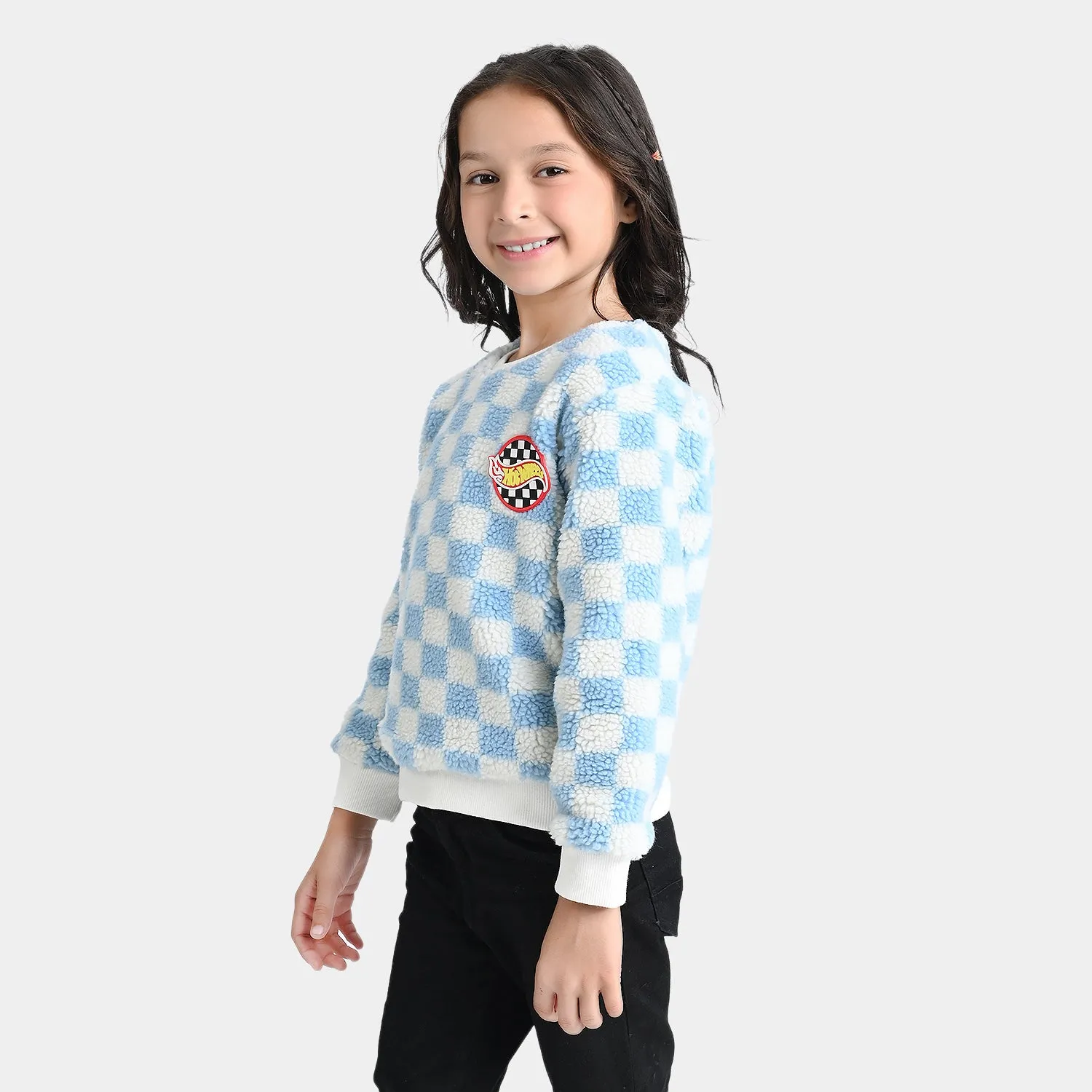 Girls Sherpa SweatShirt Blue check-White