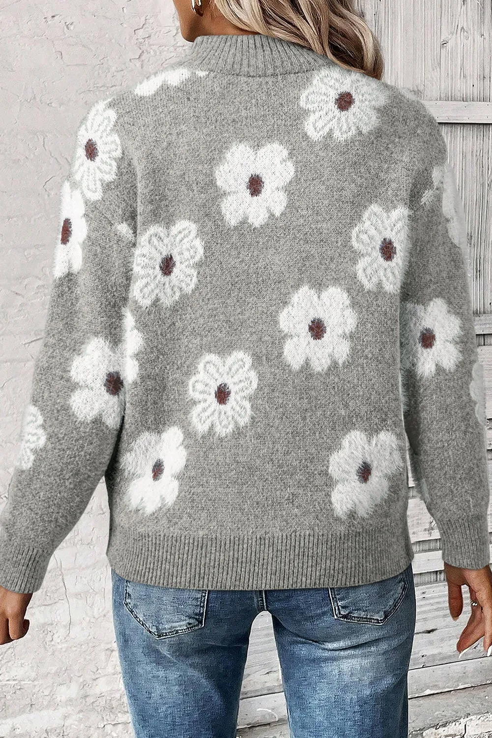 Gray Floral Pattern Half Zip Drop Shoulder Sweater