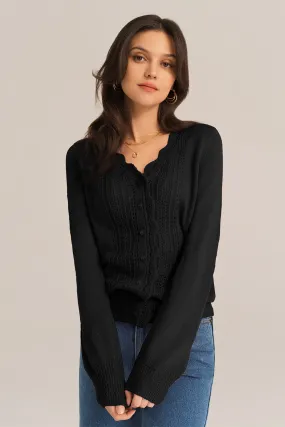 Hollowed-out Long Sleeve V-Neck Wide Ribbed Hem knitted Cardigan - Black