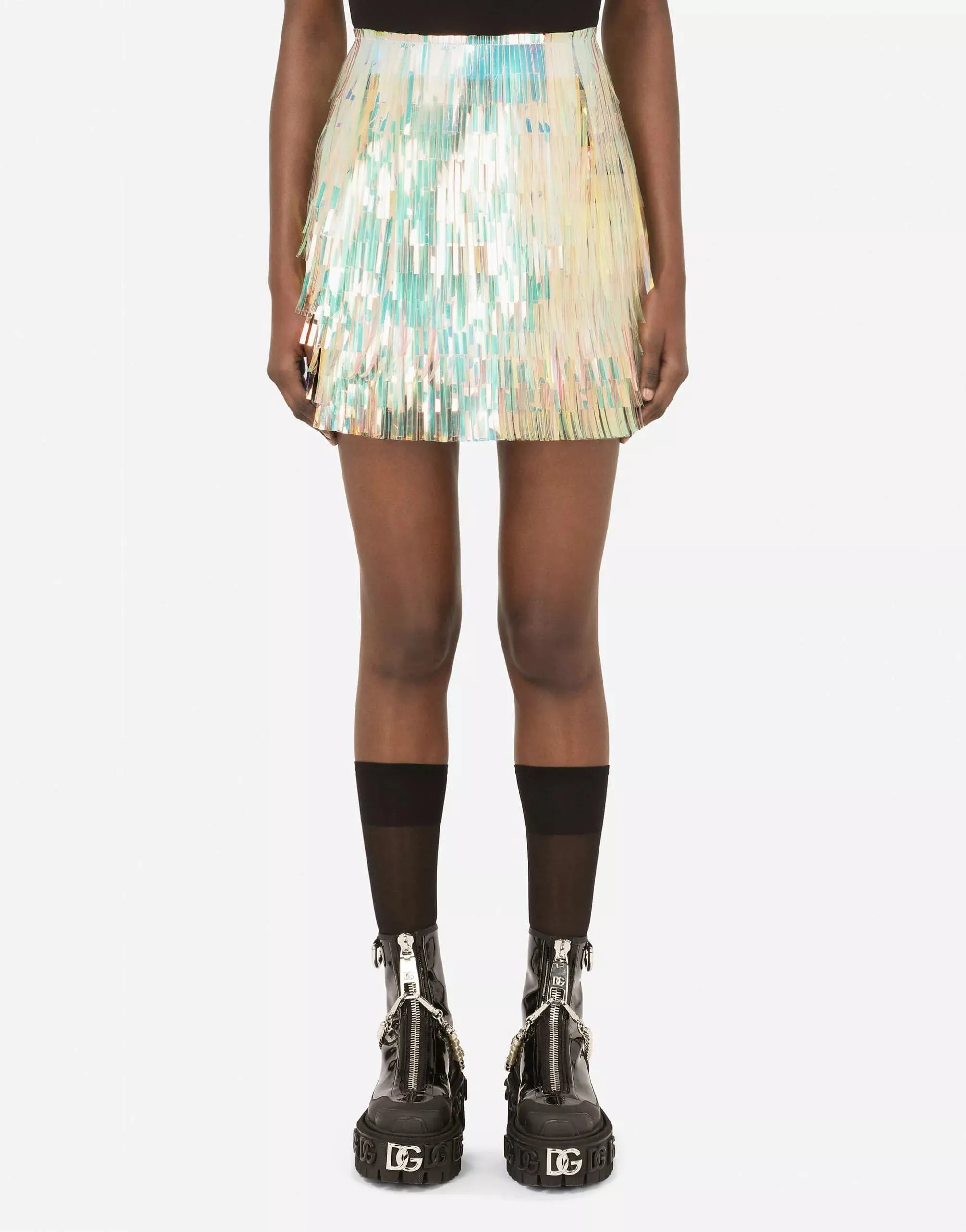 Holographic-Effect Fringed Miniskirt