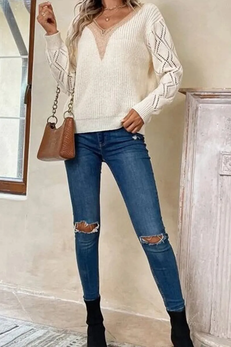 HWS1090 Lace Trim V-Neck Knit Sweater