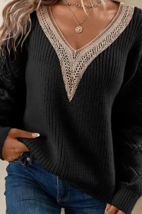 HWS1090 Lace Trim V-Neck Knit Sweater