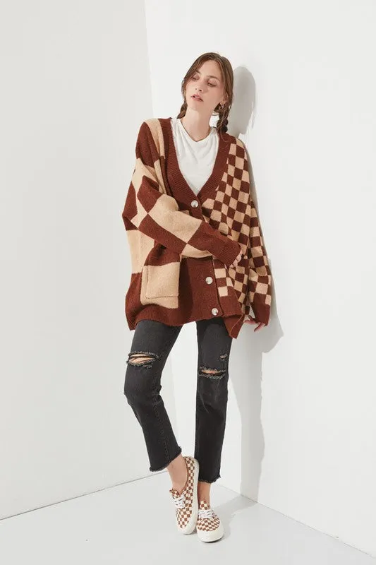 JADE by JANE Mocha/Beige Checkered Oversized Autumn Sweater cardigan