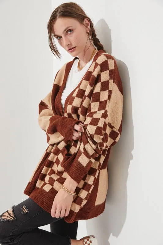 JADE by JANE Mocha/Beige Checkered Oversized Autumn Sweater cardigan