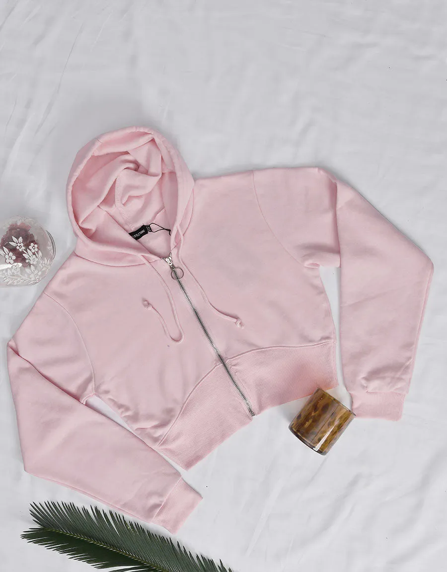 Ladies Fleece Short Body Hoodie-Light Pink