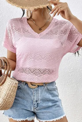 Light Pink Lace V Neck Hollow Out Short Sleeve Tee