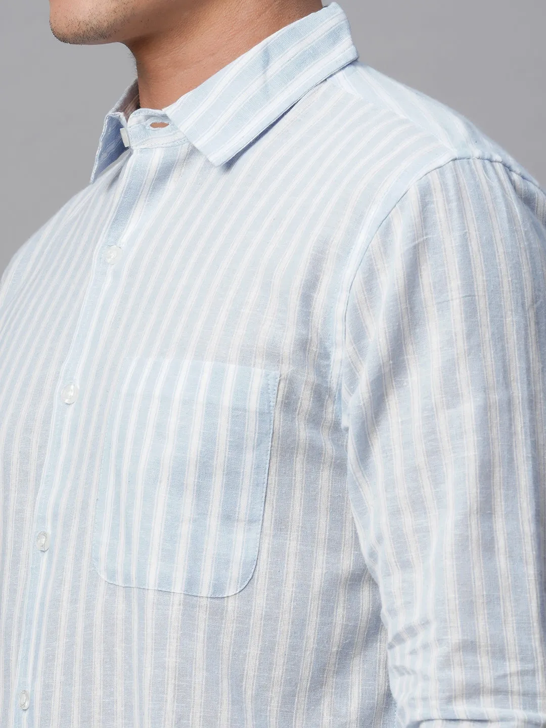 Men's Blue Linen Cotton Regular Fit Striped Shirt