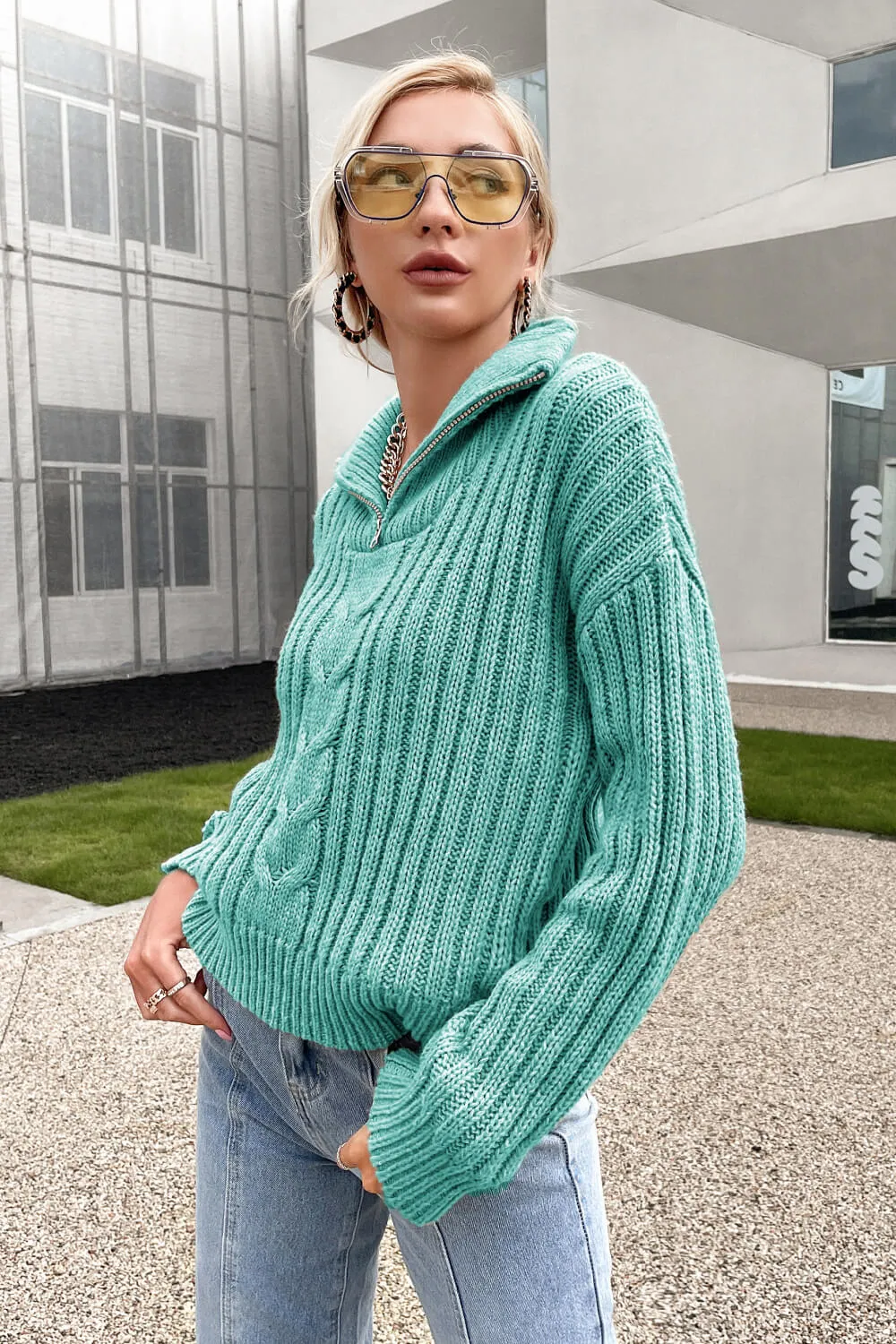 Mixed Knit Quarter Zip Dropped Shoulder Sweater