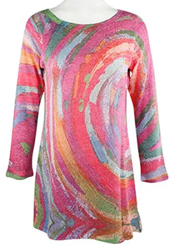 Nally & Millie - Multi Stripe, Scoop Neck, 3/4 Sleeve, Open Knit Tunic Top