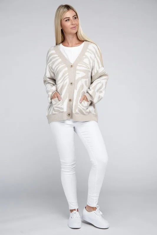 NUVI APPAREL Beige Zebra Pattern Cardigan Sweater