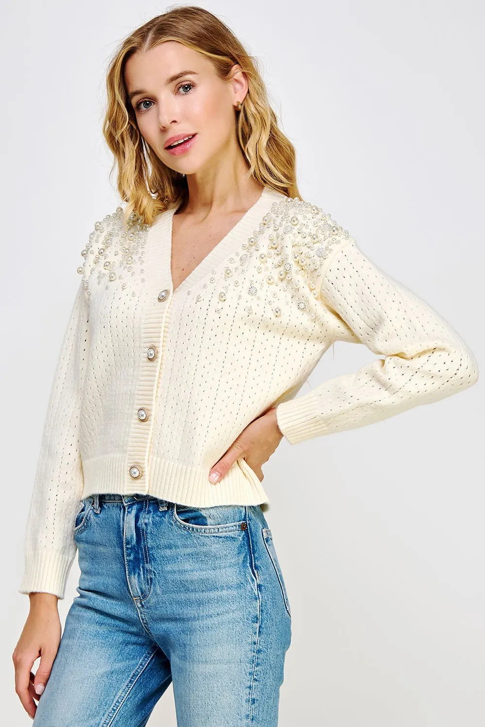 Pearl Studded Eyelet Knit Cardigan Sweater