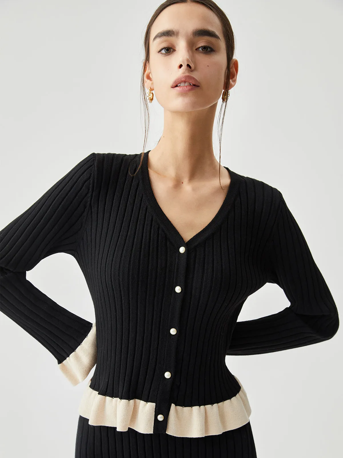 Ruffled Contrast Trim Trendy Button-down Ribbed Cardigan