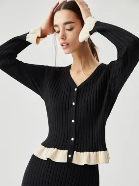 Ruffled Contrast Trim Trendy Button-down Ribbed Cardigan