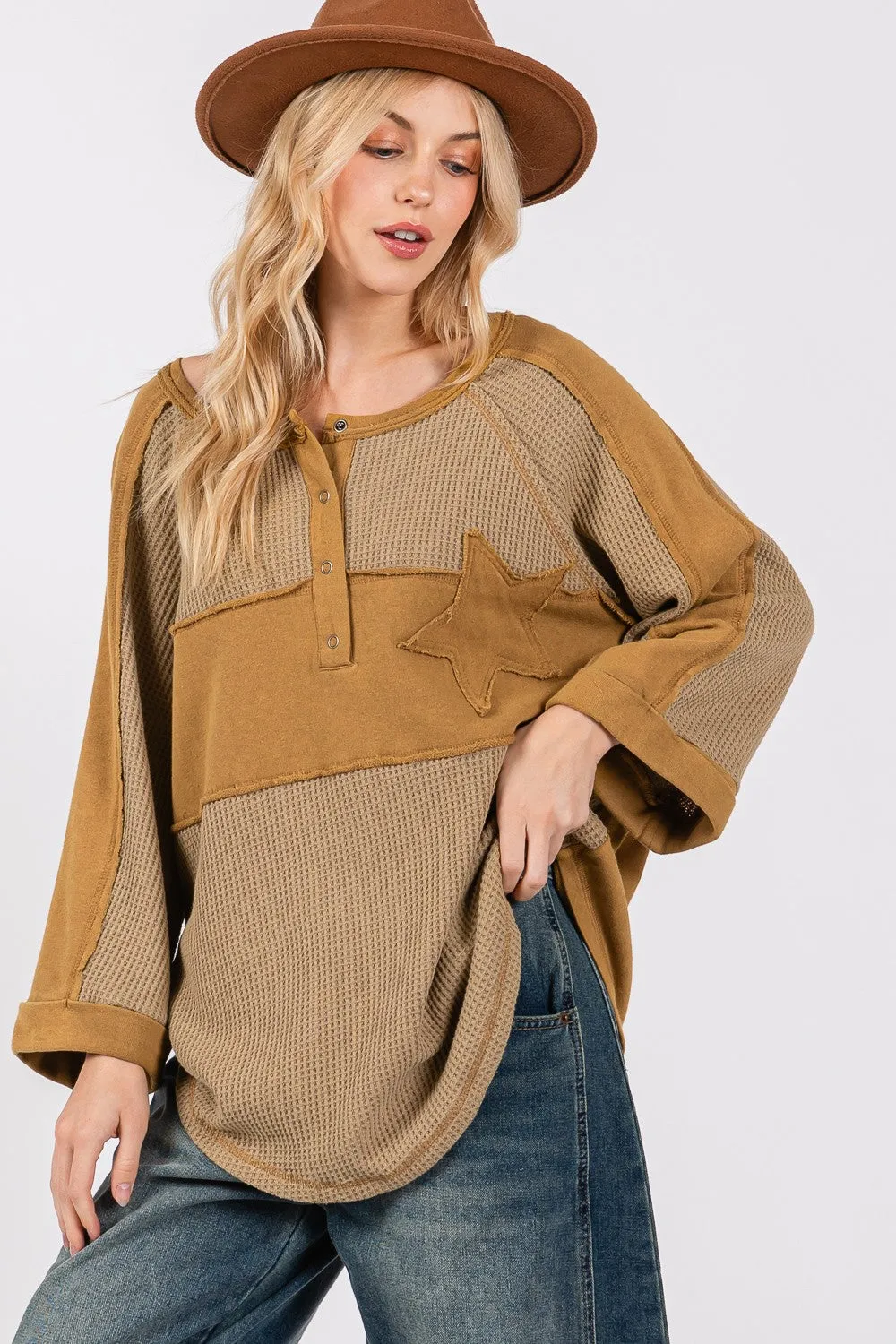 SAGE   FIG Star Applique Patch Exposed Seam Waffle Knit Top