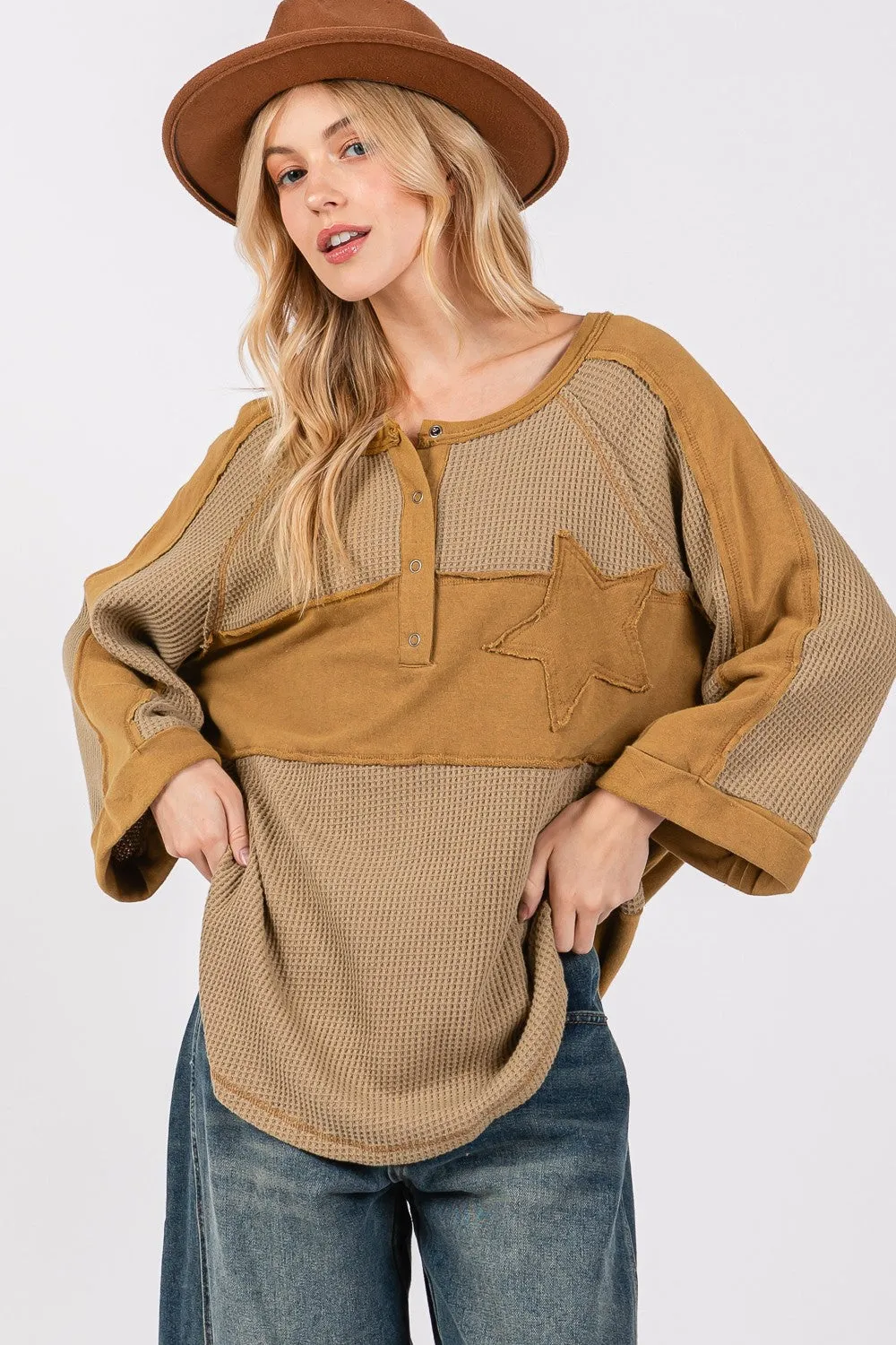 SAGE   FIG Star Applique Patch Exposed Seam Waffle Knit Top