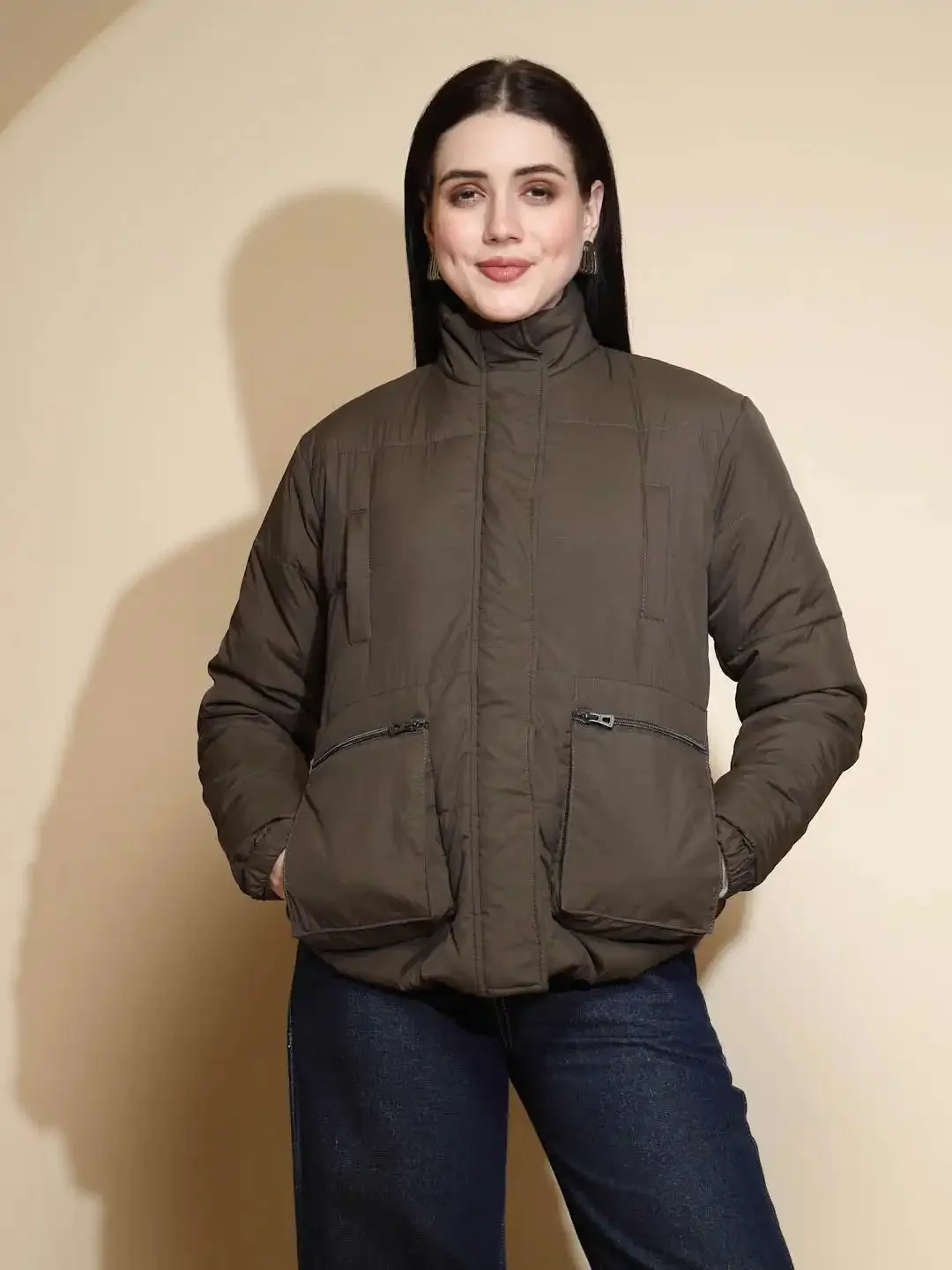 Solid Olive Full Sleeve Turtle Neck Puffer Jacket