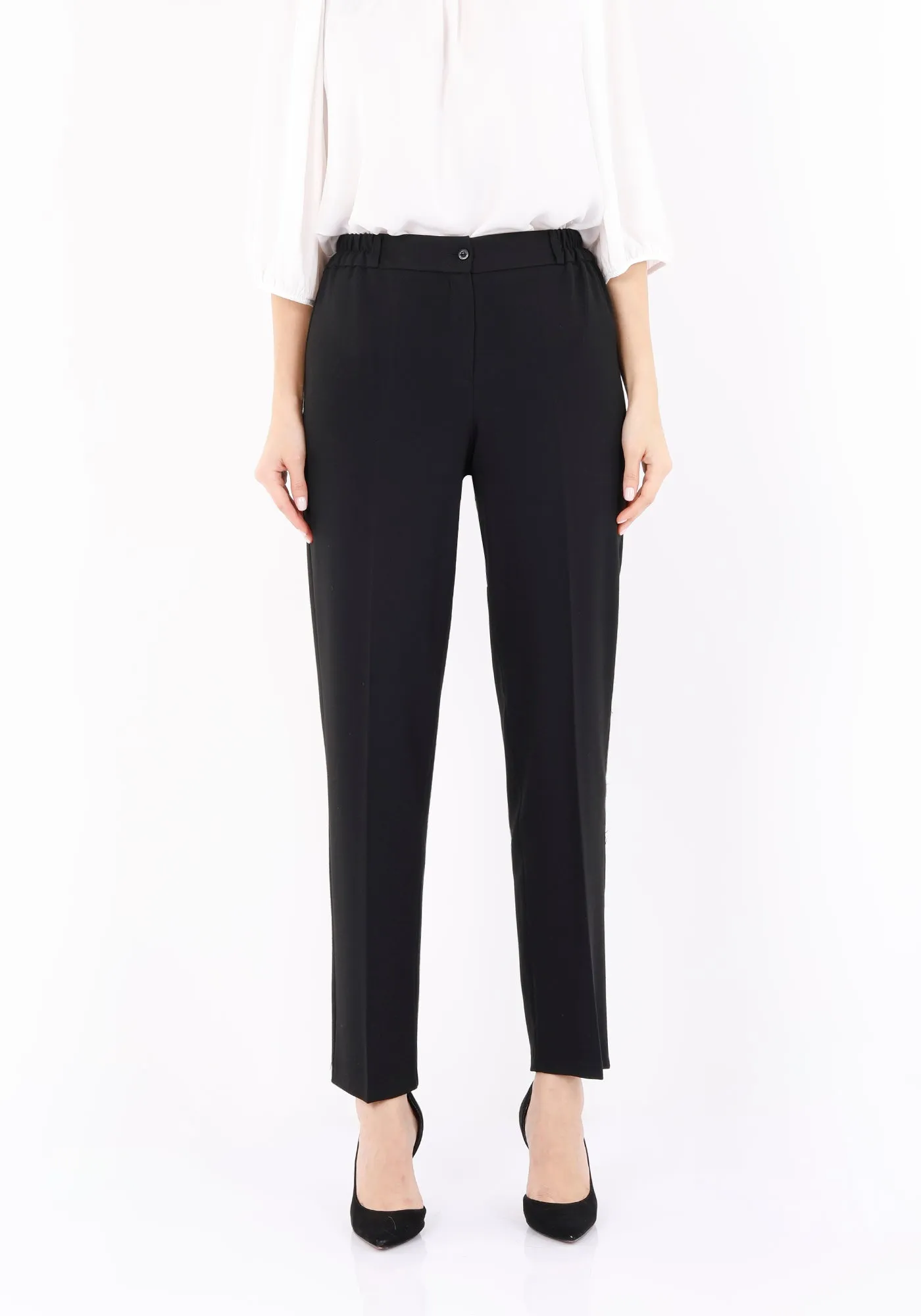 Straight Pants with Elastic Waistband and Zipper Combined