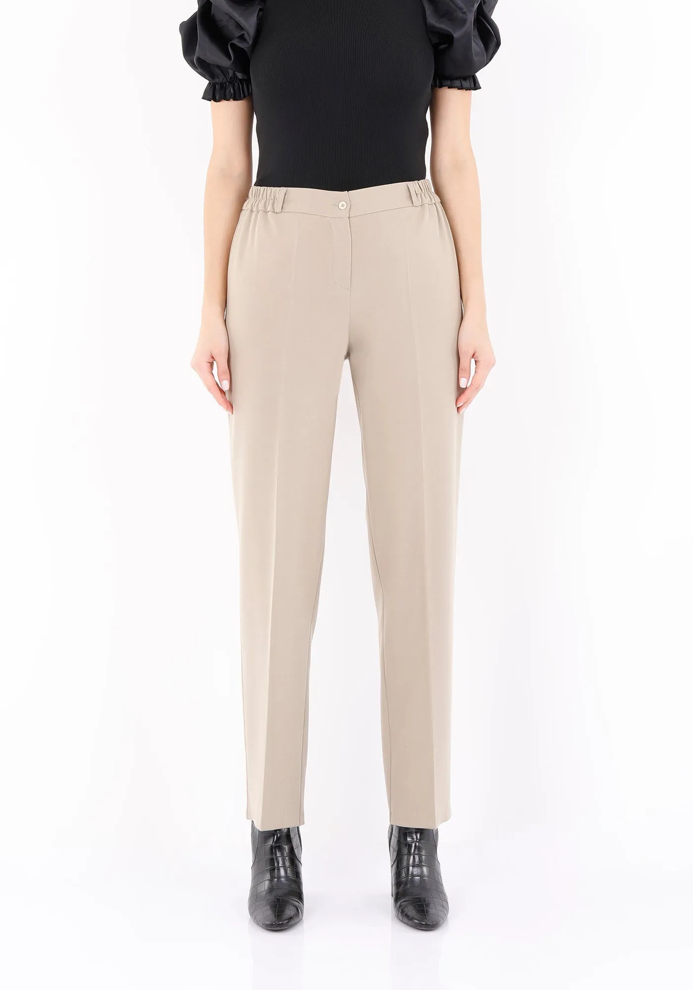 Straight Pants with Elastic Waistband and Zipper Combined