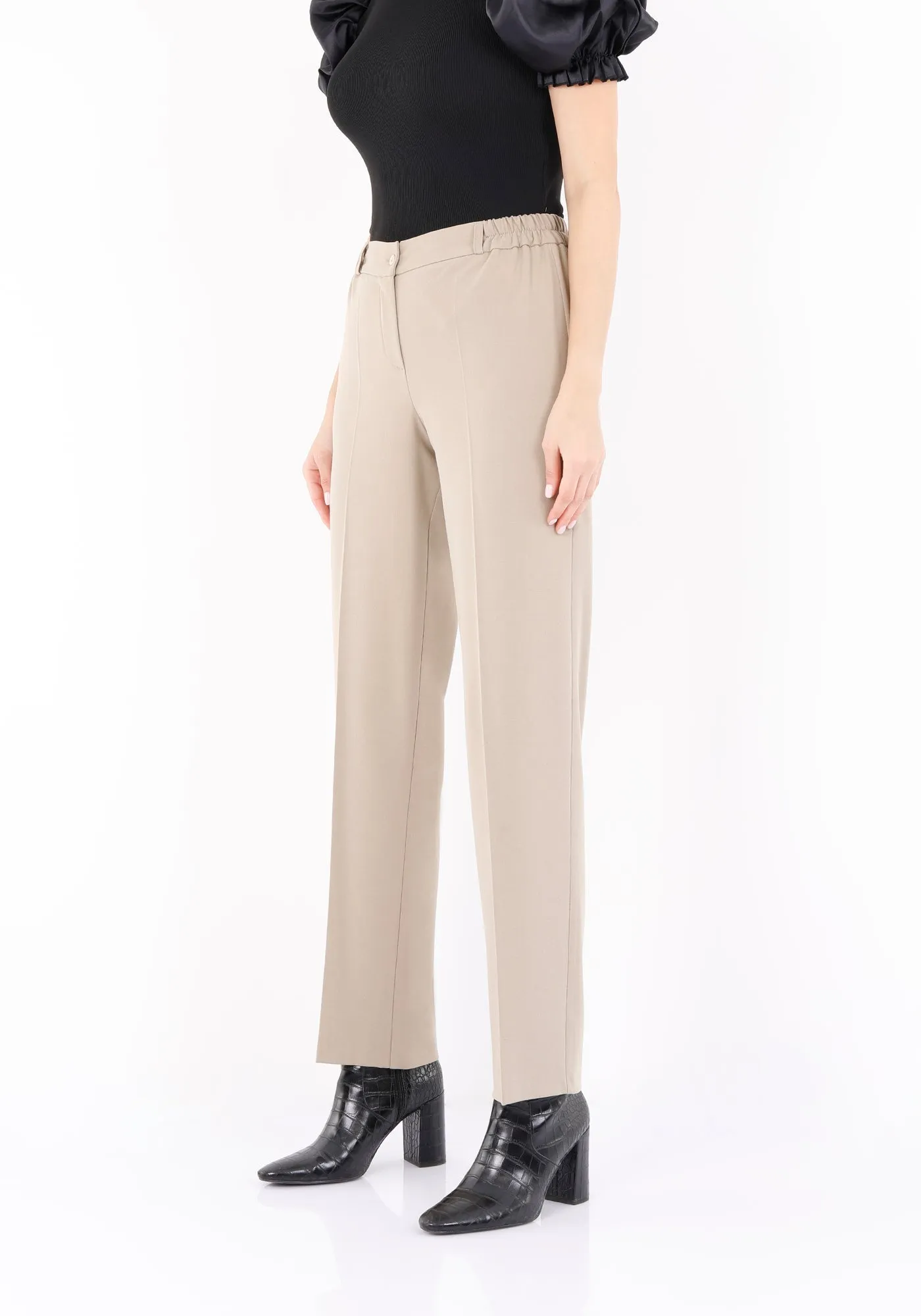 Straight Pants with Elastic Waistband and Zipper Combined