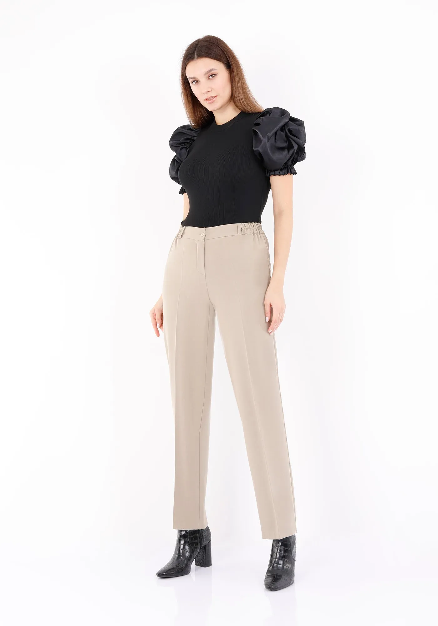 Straight Pants with Elastic Waistband and Zipper Combined