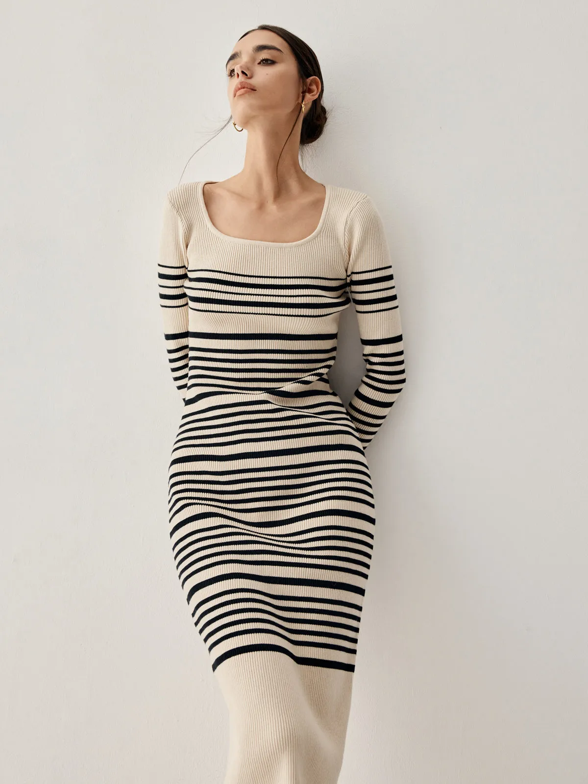 Stripe Long Sleeve Trendy Midi Sweater Dress