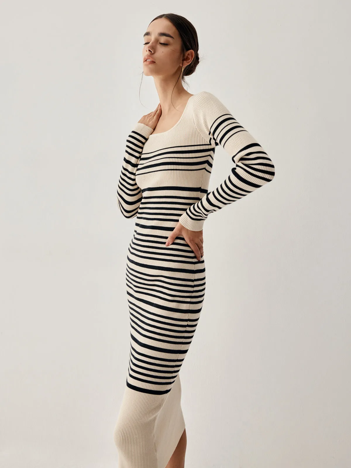 Stripe Long Sleeve Trendy Midi Sweater Dress