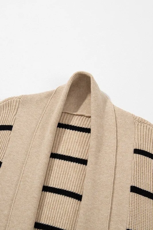 Stripe Side Pockets Open Front Cardigan