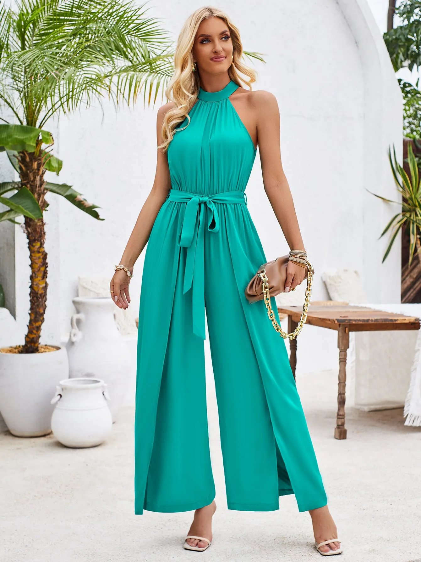 Summer Women Clothing Fresh Air Solid Color Halter Lace up Jumpsuit