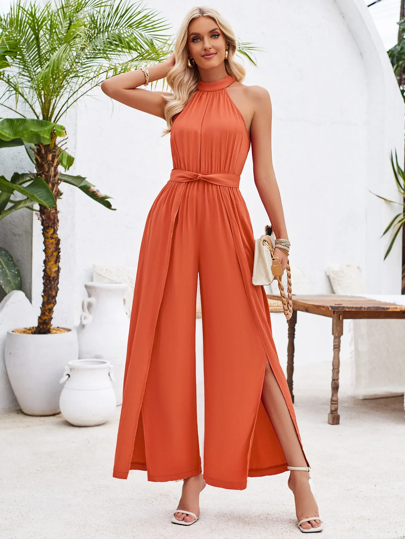 Summer Women Clothing Fresh Air Solid Color Halter Lace up Jumpsuit