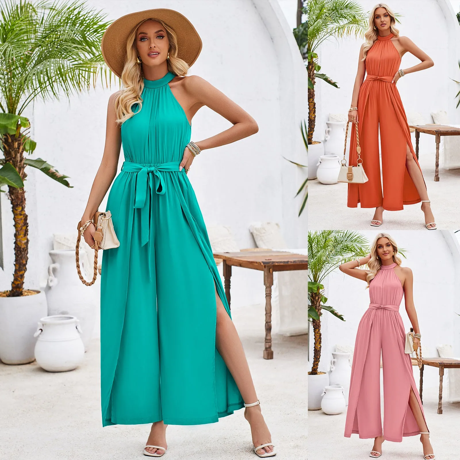 Summer Women Clothing Fresh Air Solid Color Halter Lace up Jumpsuit