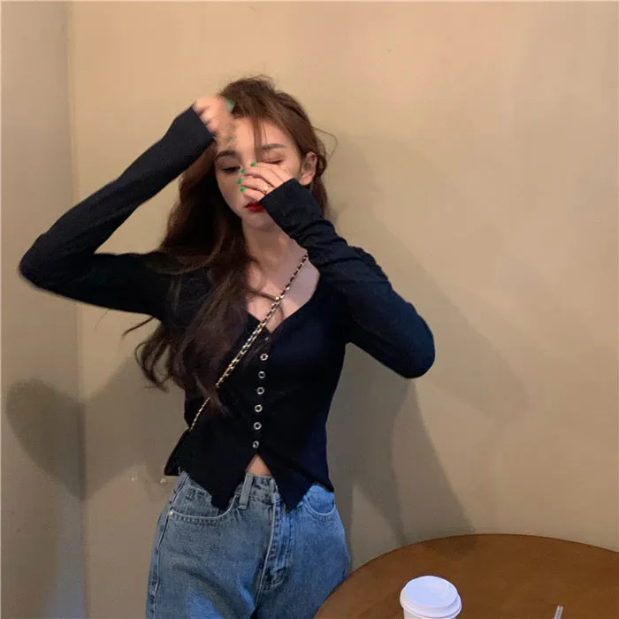 Trendy Sexy V-Neck Long Sleeved Knitted Tops Hong Kong Fitting Thin Short Cardigan Elegant Women Outerwear