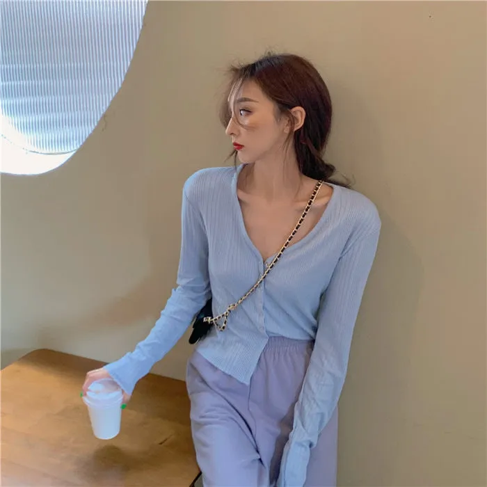 Trendy Sexy V-Neck Long Sleeved Knitted Tops Hong Kong Fitting Thin Short Cardigan Elegant Women Outerwear