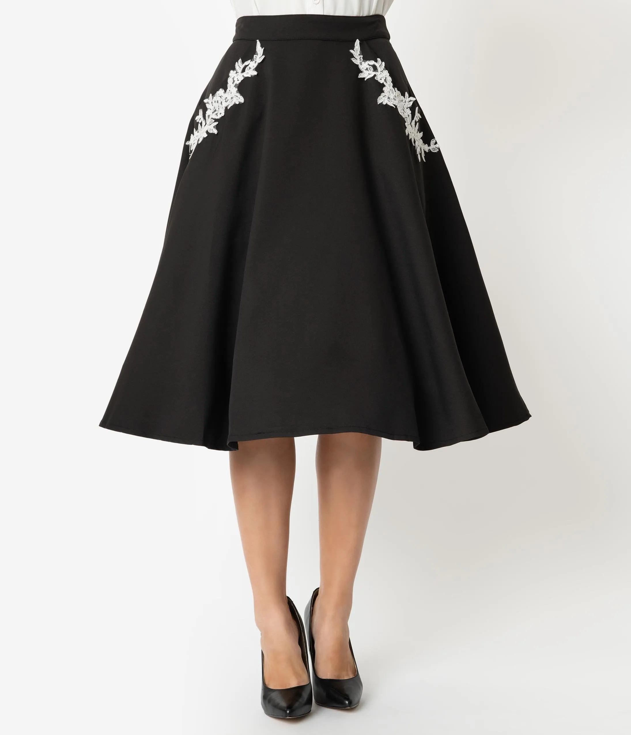 Unique Vintage 1950s Black Embroidered Steffi Swing Skirt