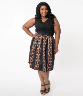 Unique Vintage Plus Size Black & Orange Halloween Print Jayne Swing Skirt