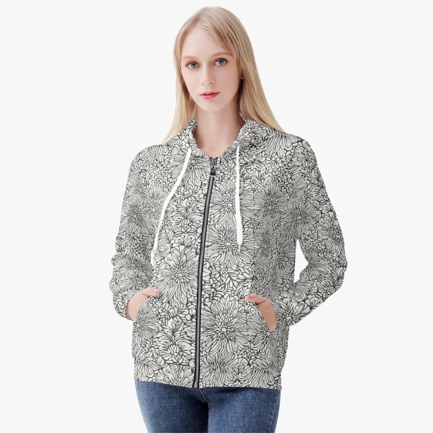 Veste à capuche zippée AOP pour femme "Fleurs blanches" (221)