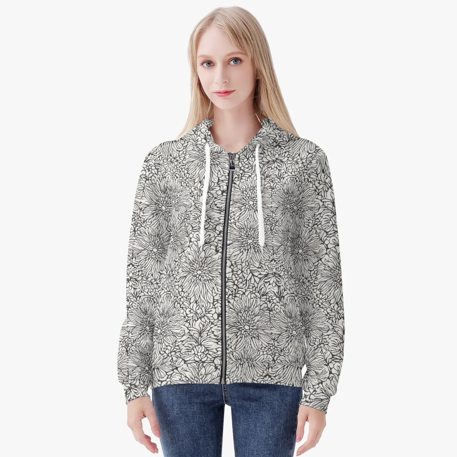 Veste à capuche zippée AOP pour femme "Fleurs blanches" (221)