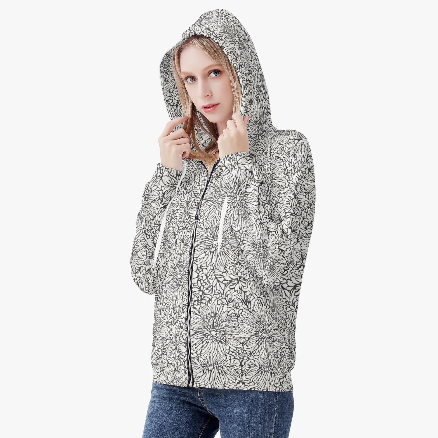 Veste à capuche zippée AOP pour femme "Fleurs blanches" (221)