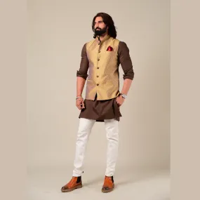 Violet Gold Designer Brocade Half Jodhpuri Jacket With Kurta Pajama Set