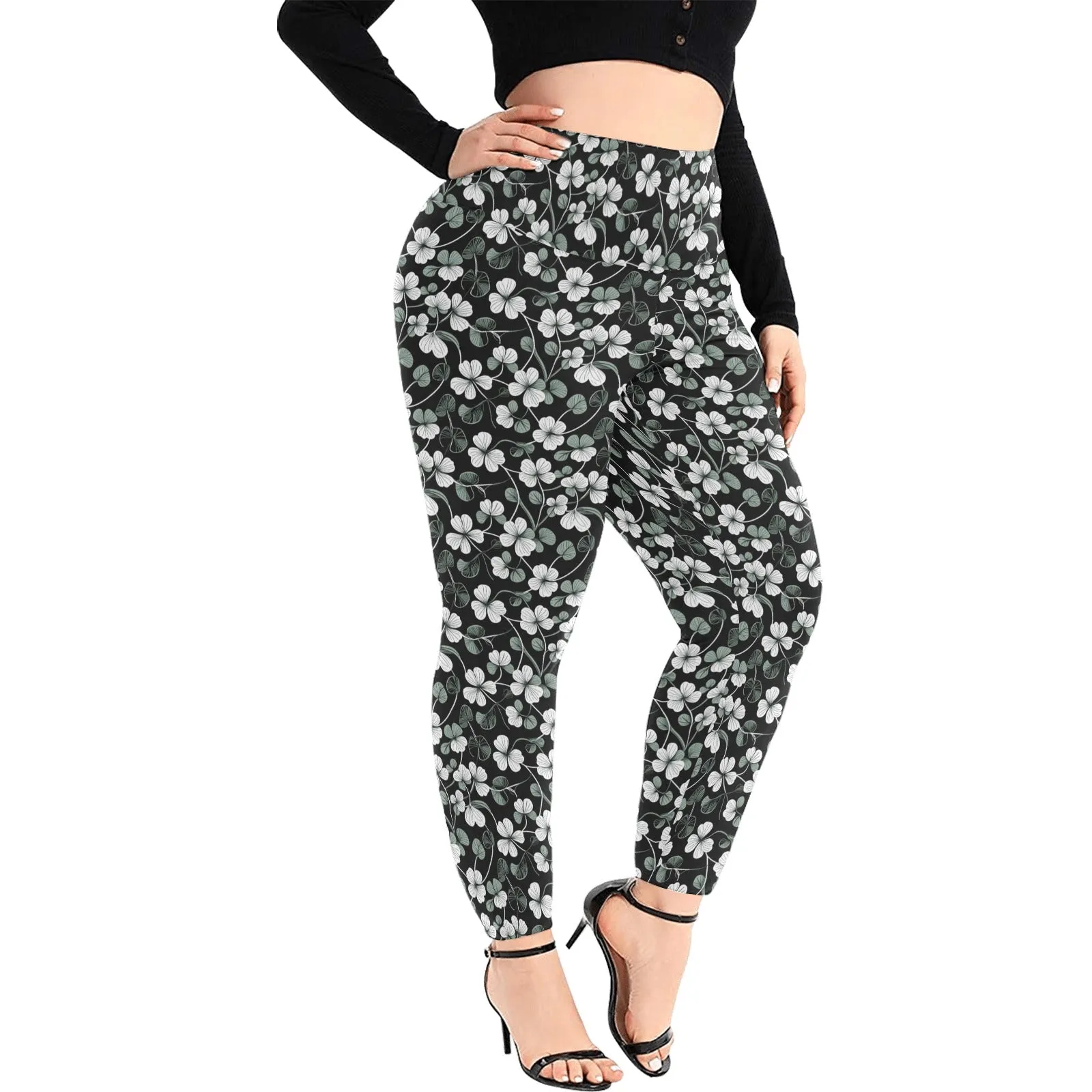 White and Green Clover Women's Plus Size High Waited Leggings Women's High Waist Leggings(Plus Size)(ModelL45)