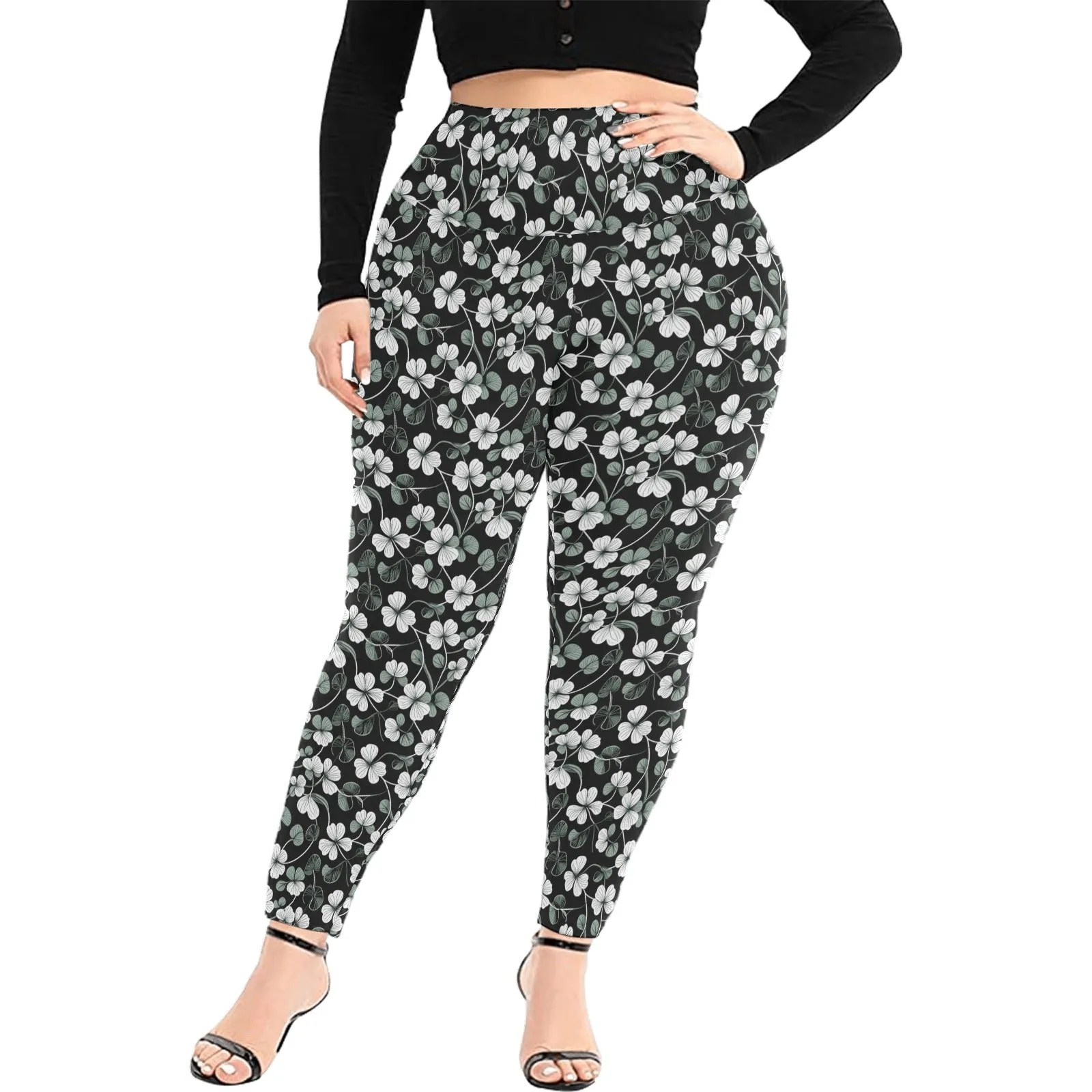 White and Green Clover Women's Plus Size High Waited Leggings Women's High Waist Leggings(Plus Size)(ModelL45)