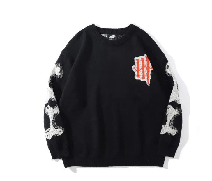 WLS Dark Skeleton Print Knitted Sweater