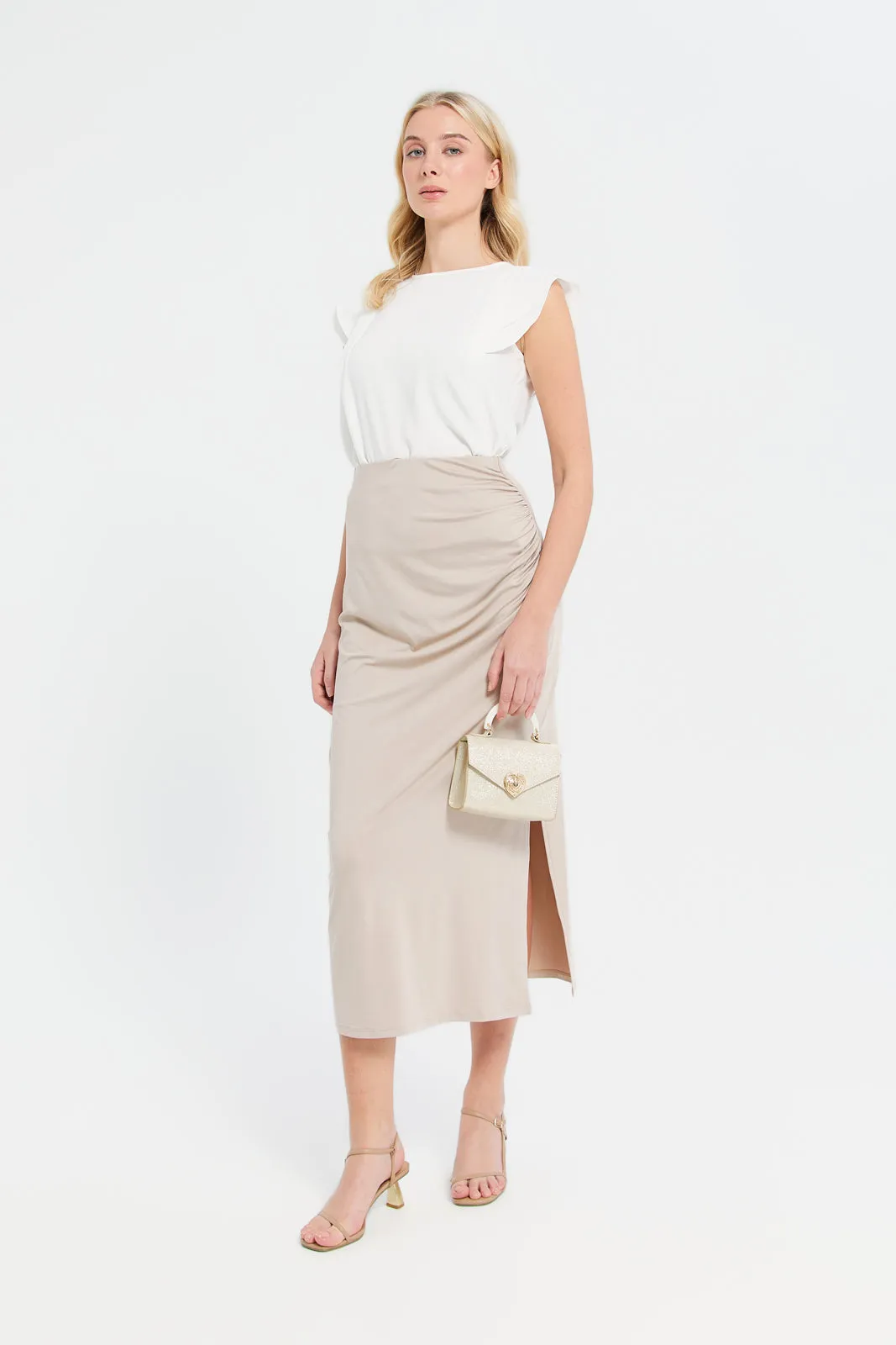 Women Beige With Side Gathers Skirt