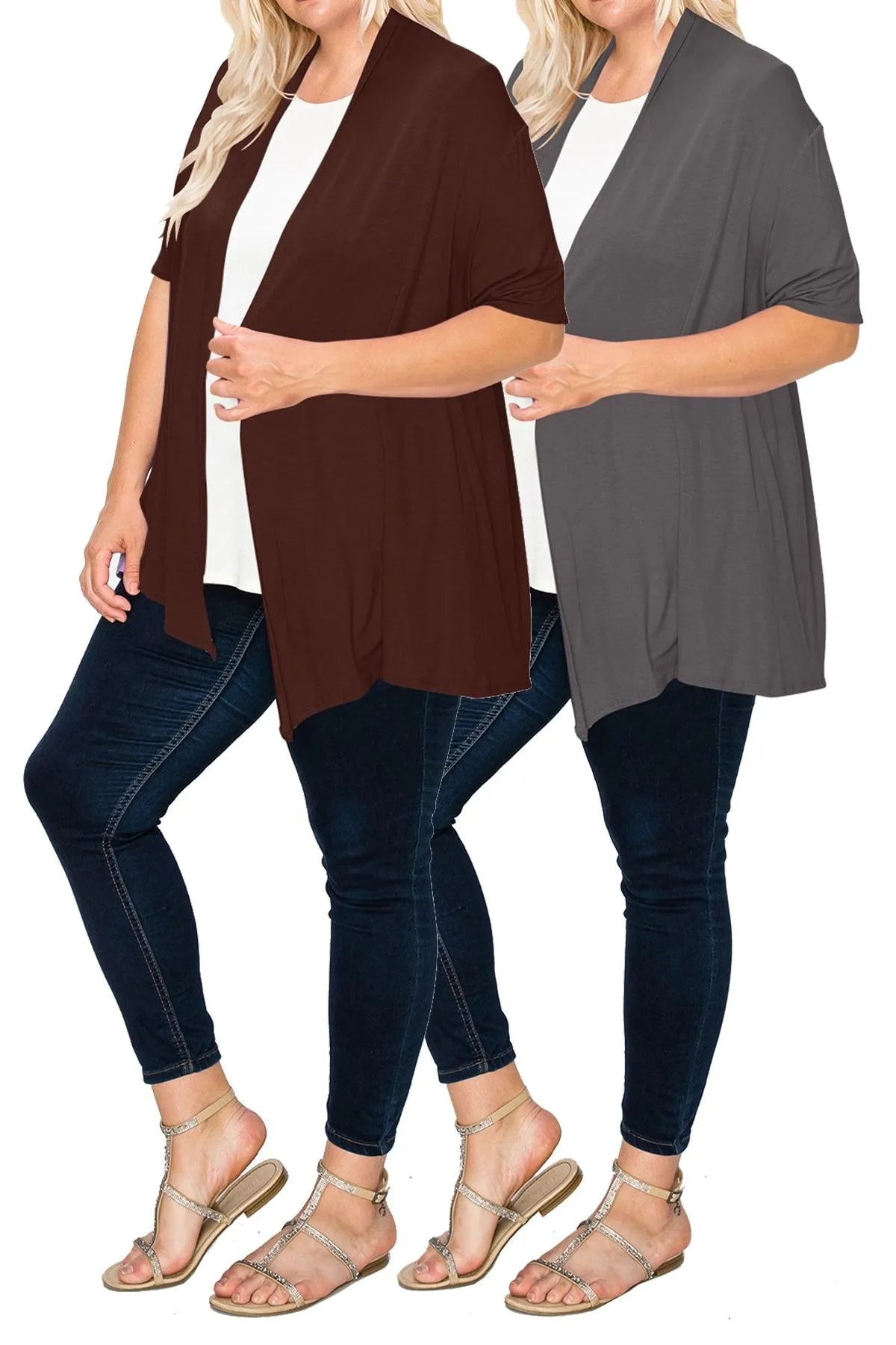 Women's Plus Size Casual Short Sleeve Loose Fit Solid Draped Open Cardigan (Pack of 2)