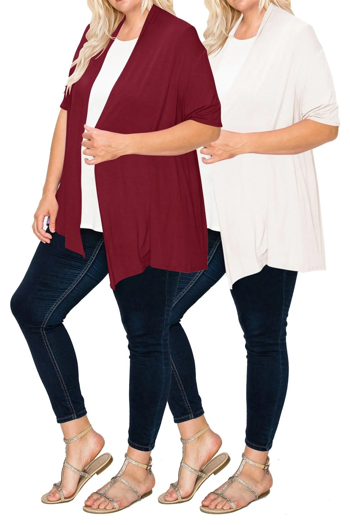 Women's Plus Size Casual Short Sleeve Loose Fit Solid Draped Open Cardigan (Pack of 2)