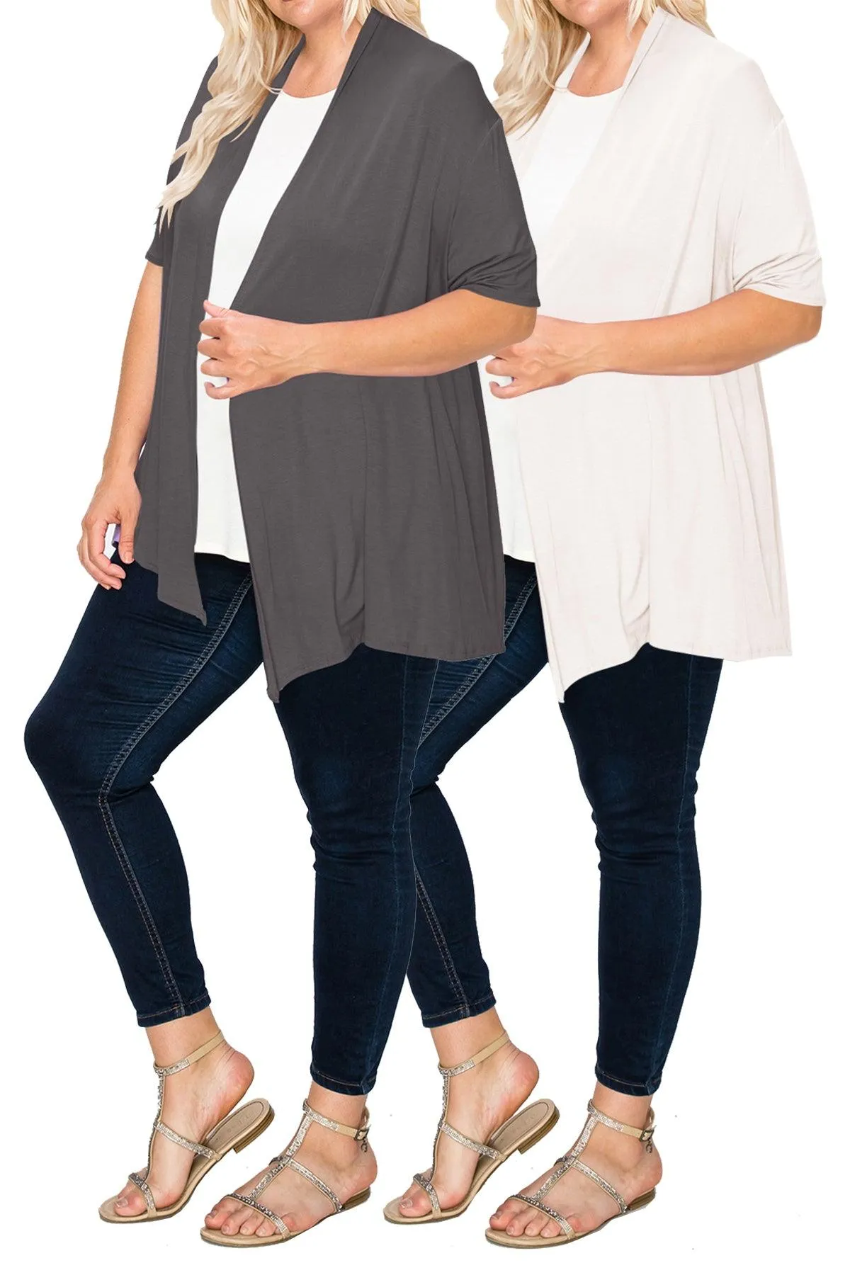 Women's Plus Size Casual Short Sleeve Loose Fit Solid Draped Open Cardigan (Pack of 2)