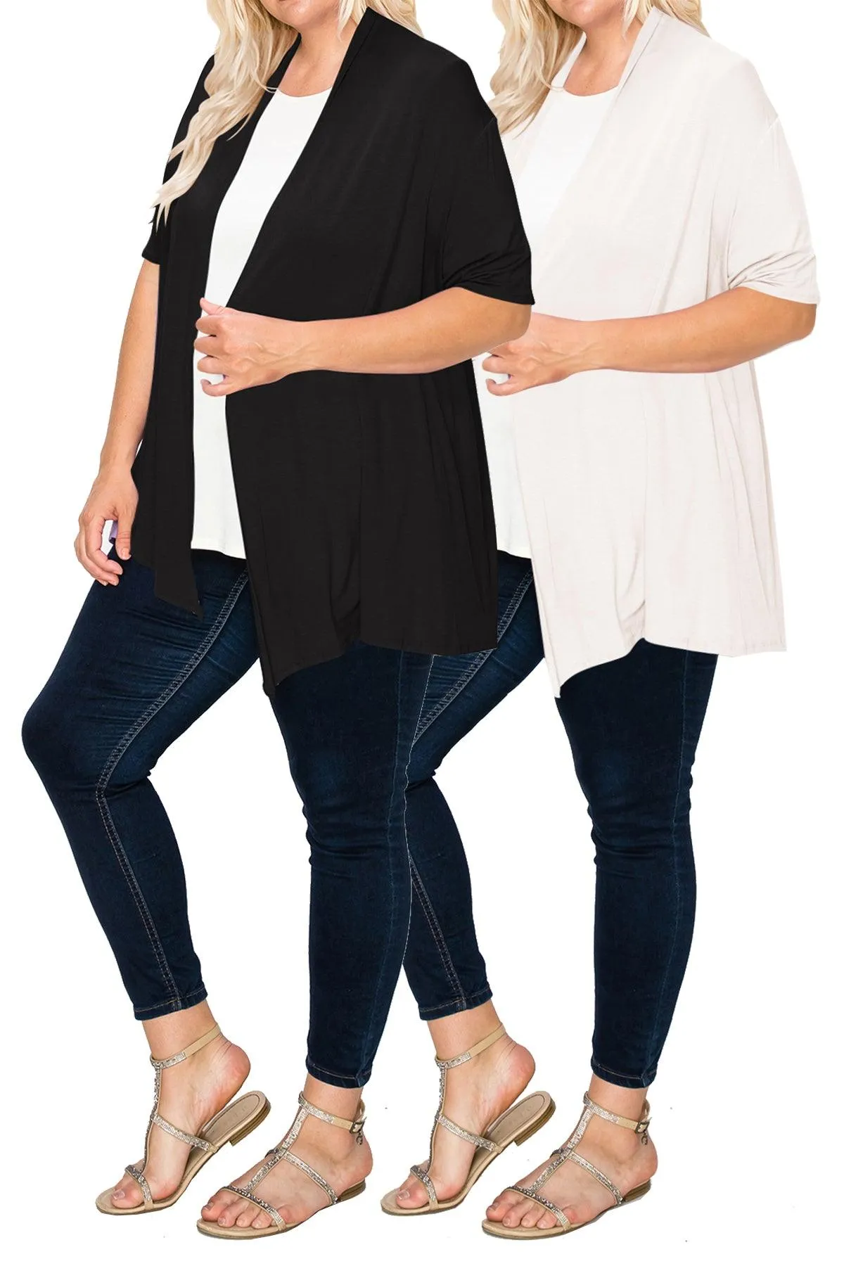 Women's Plus Size Casual Short Sleeve Loose Fit Solid Draped Open Cardigan (Pack of 2)