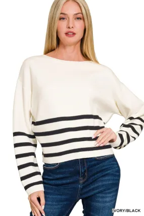 Zenana Viscose Striped Cross Sweater